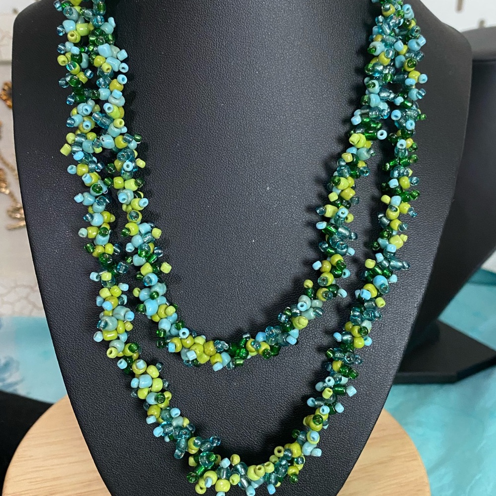 Artisan double Strand Green and Blue Beaded Necklace